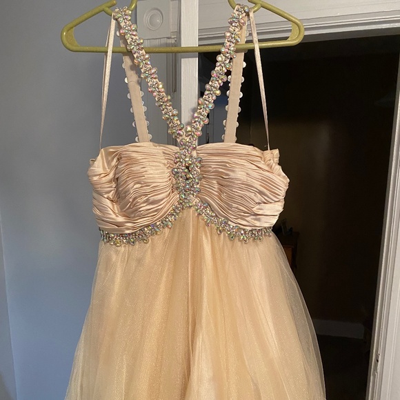 Champagne Ruched Rhinestone Bodice Dress - Picture 1 of 10